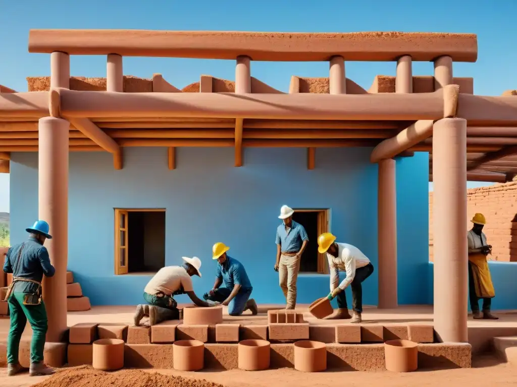 Un equipo de arquitectos y obreros construyen una ecofriendly casa de adobe en el campo