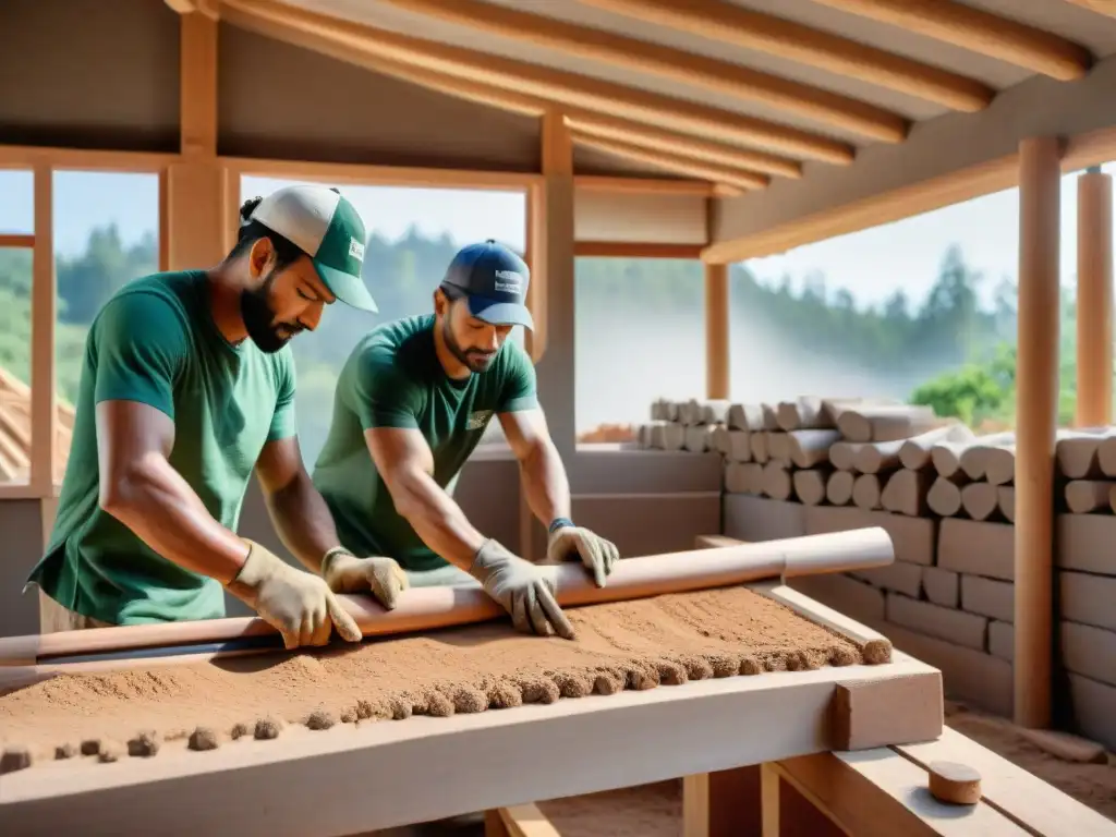 Equipo de artesanos construyendo una casa ecológica con adobe y madera en armonía con la naturaleza