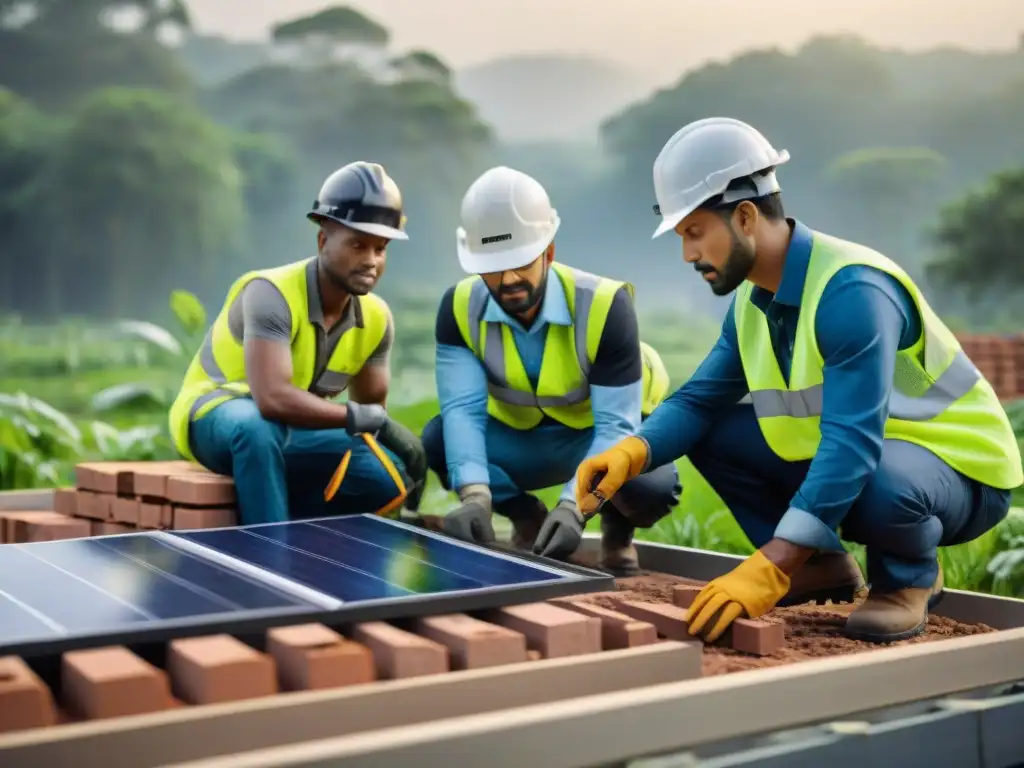 Equipo de construcción colaborando en proyecto sostenible con ladrillos ecológicos