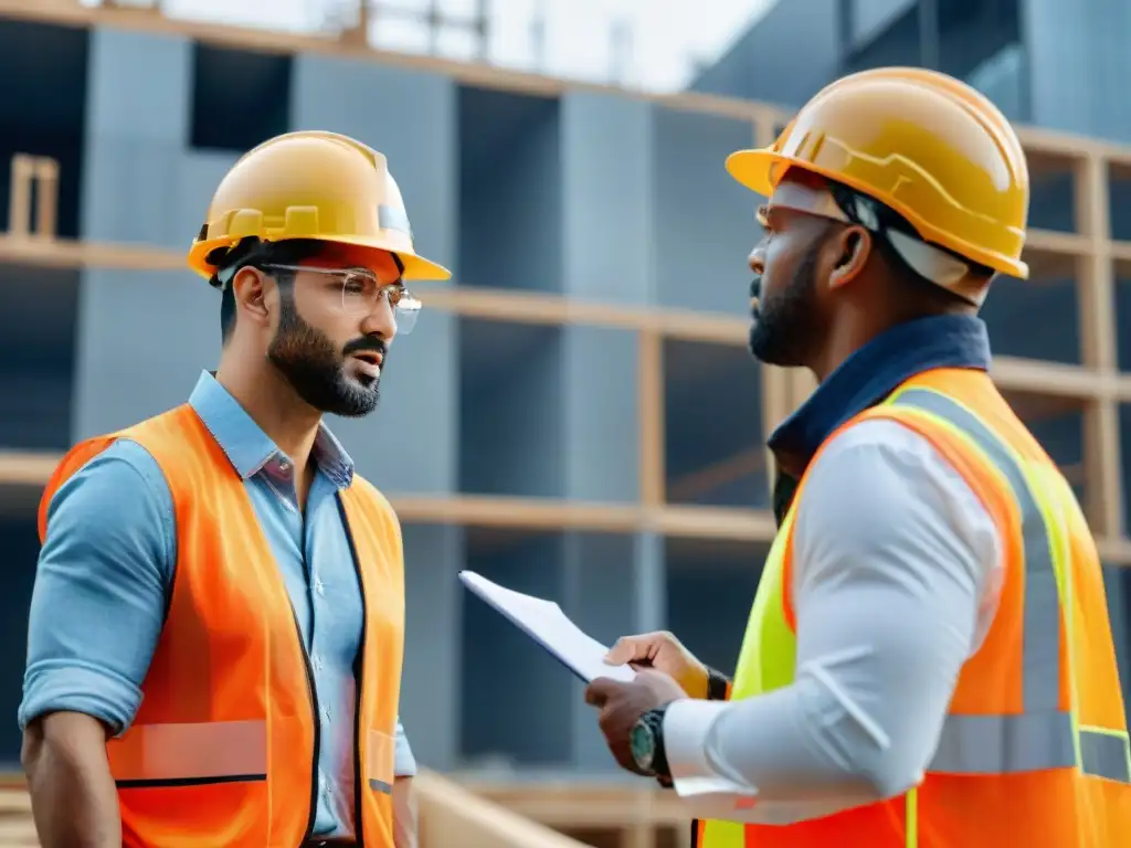 Equipo de construcción sostenible resolviendo disputas en obra ecoamigable