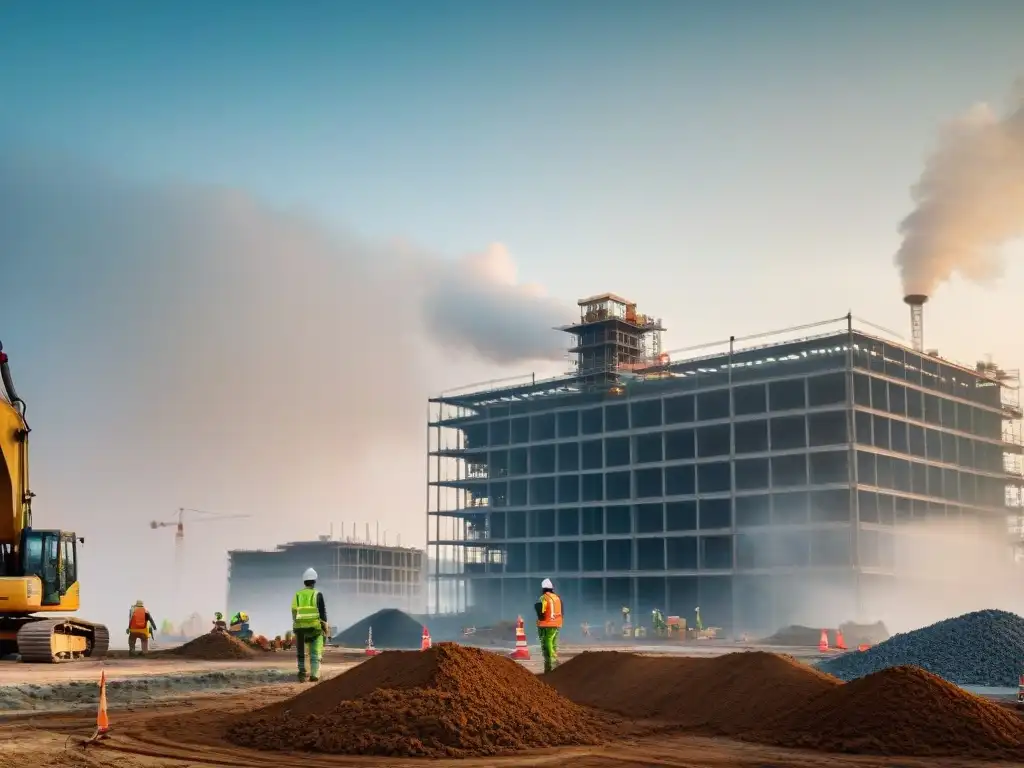 Equipo trabajando en construcción sostenible con Certificación BREEAM, maquinaria pesada y materiales ecofriendly