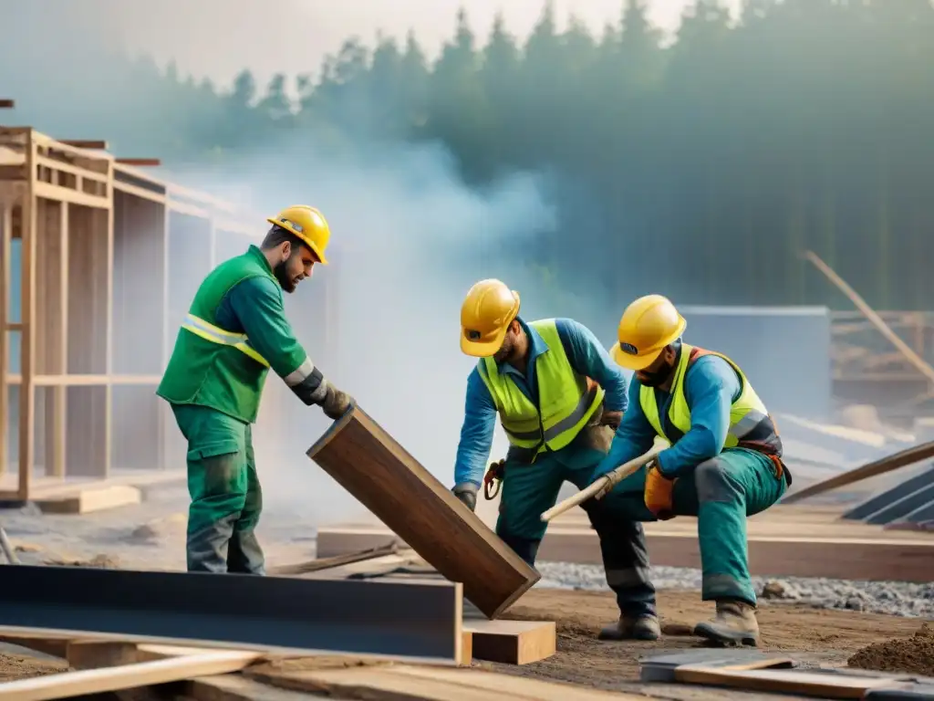 Un equipo de constructores aplicando técnicas de reutilización de materiales en construcción ecológica