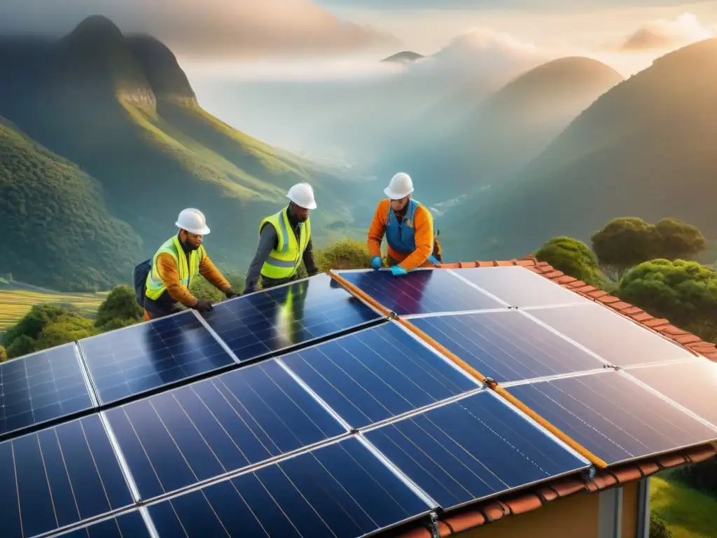 Un equipo de contratistas instalando paneles solares en el techo de un edificio residencial, con luz solar brillando en los paneles