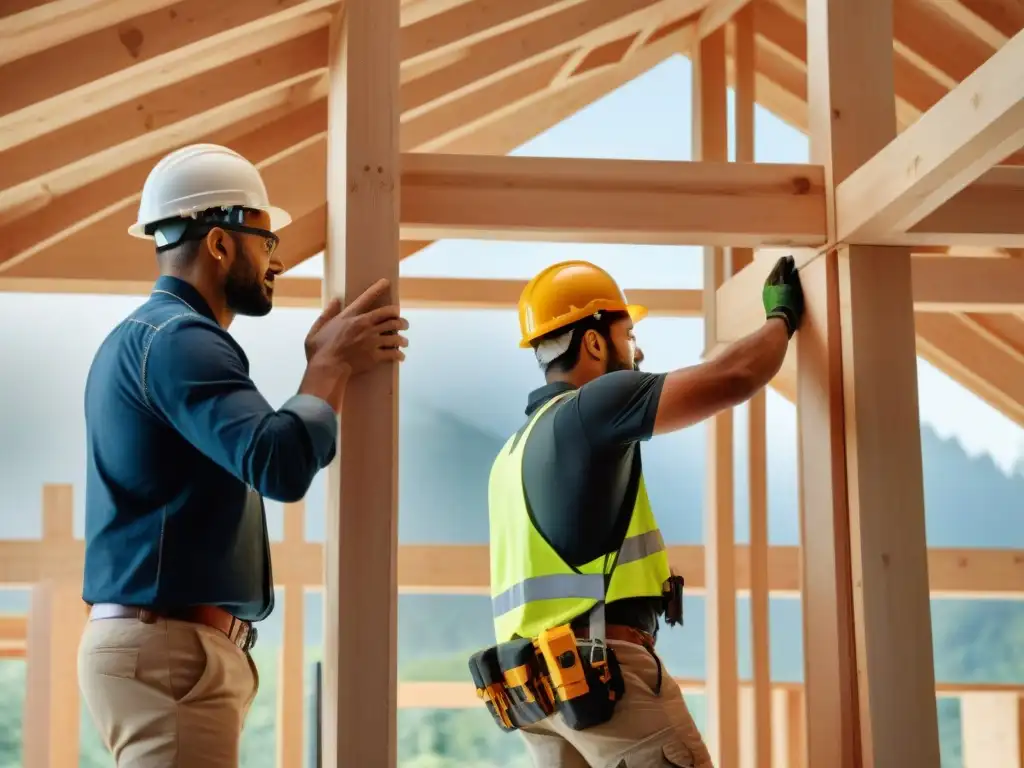 Un equipo diverso de arquitectos y constructores trabajando juntos en una estructura sostenible con madera certificada FSC