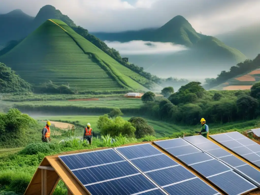 Un equipo diverso de arquitectos, ingenieros y ambientalistas trabajando juntos en un sitio de bioconstrucción para un futuro sostenible