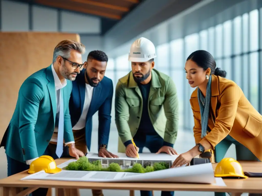 Un equipo diverso de arquitectos, ingenieros y trabajadores de la construcción colaborando en un proyecto de construcción sostenible