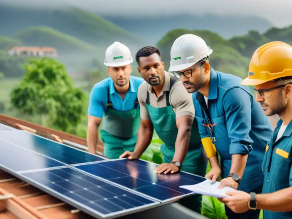 Un equipo diverso de arquitectos, ingenieros y obreros colaborando en un sitio de construcción de viviendas sostenibles con diseño ecológico