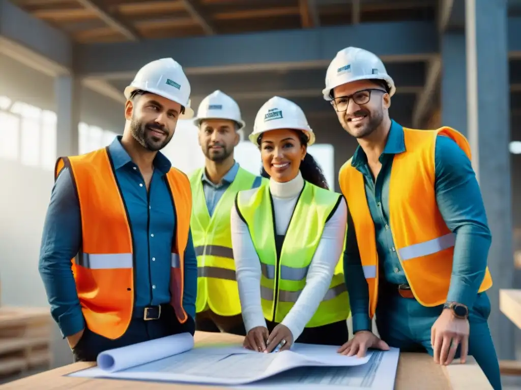 Equipo diverso de arquitectos y ingenieros en obra, resolviendo desafíos legales en construcción sostenible