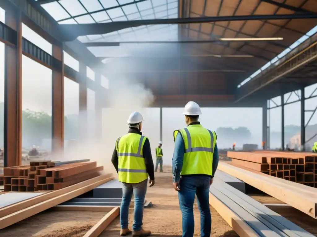 Un equipo diverso de arquitectos y ingenieros trabajando juntos en un sitio de construcción, utilizando técnicas de reutilización de materiales para proyectos ecológicos