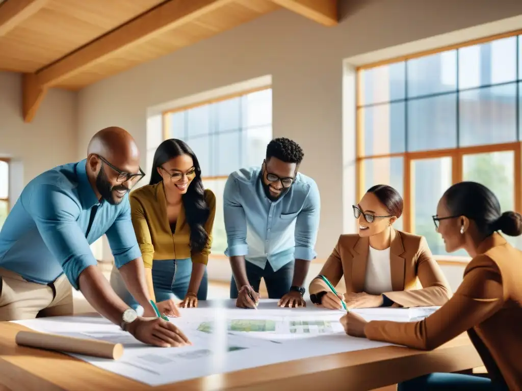 Un equipo diverso de arquitectos y ingenieros colabora en un diseño innovador para un edificio sostenible