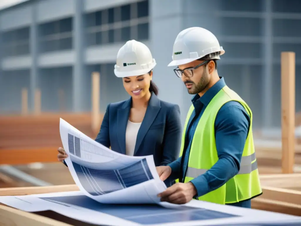 Equipo diverso de arquitectos y obreros revisando planos en obra de construcción sostenible, desafiando obstáculos legales