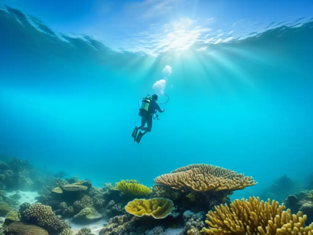 Restauración coralina: voluntarios protegen el océano Un equipo diverso restaura un arrecife de coral en aguas turquesas cristalinas