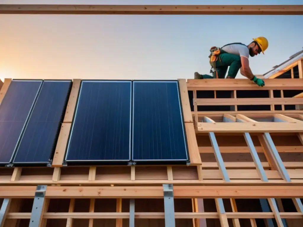 Equipo diverso construyendo casa ecológica al atardecer