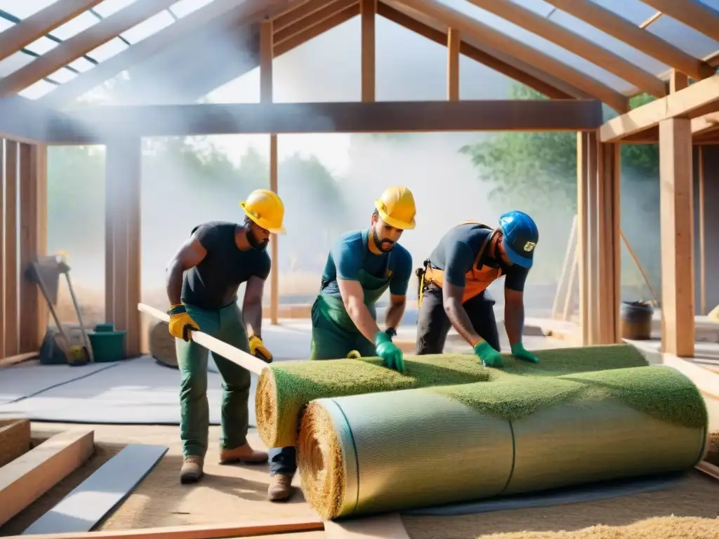 Construcción sostenible: equipo diverso levanta eco-casa con materiales naturales Un equipo diverso construyendo una casa ecológica con materiales naturales, destacando la bioconstrucción con materiales vivos sostenibles