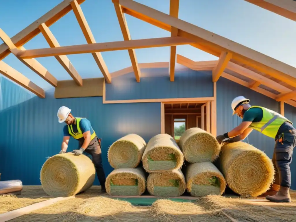 Un equipo diverso construye una casa ecológica de paja bajo el sol brillante