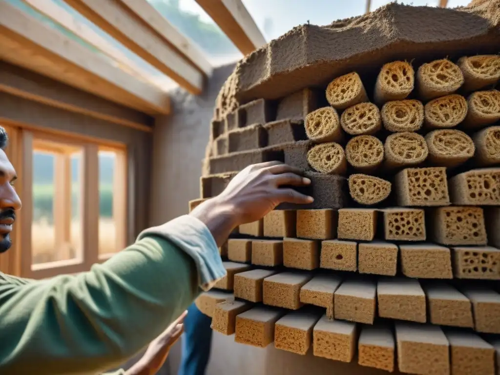 Un equipo diverso construye una casa de tierra con materiales naturales, resaltando la bioconstrucción estética