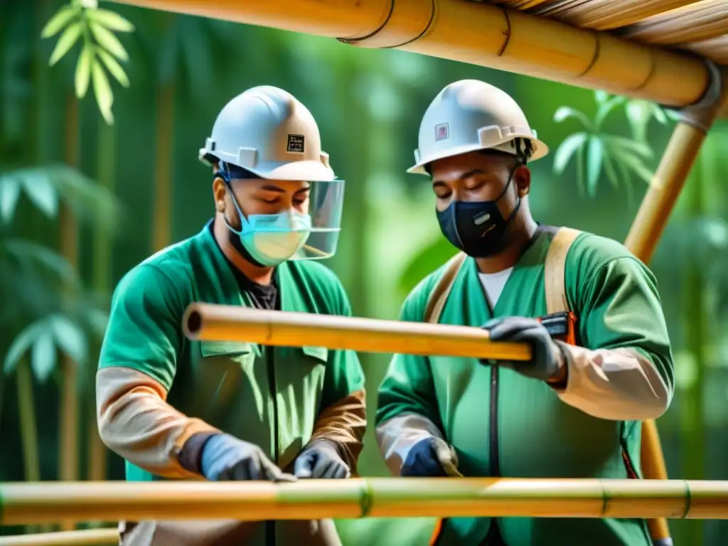 Equipo diverso de construcción sostenible con bambú, detallando sofisticadas uniones y técnica innovadora bajo el sol brillante