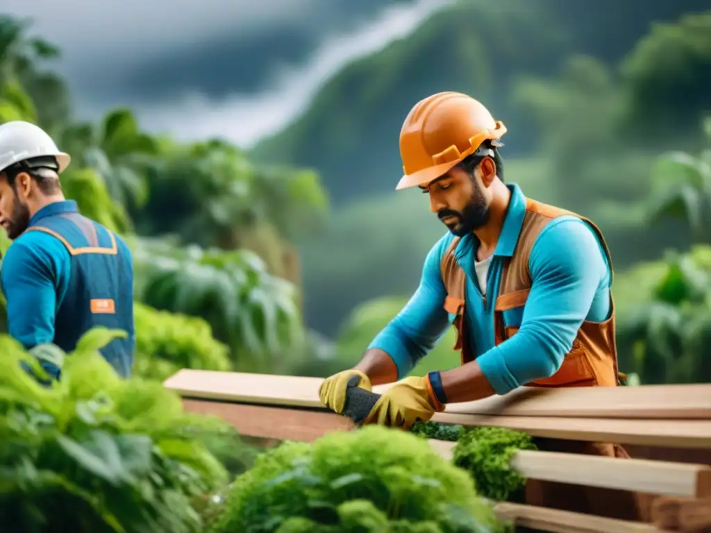 Un equipo diverso de constructores trabajando en un proyecto de bioconstrucción para un planeta sostenible