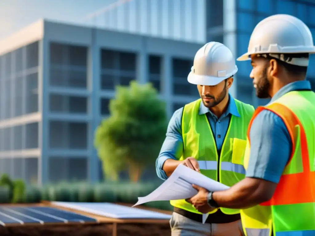 Un equipo diverso de constructores colabora en un proyecto de construcción sostenible, discutiendo planos y mostrando dedicación