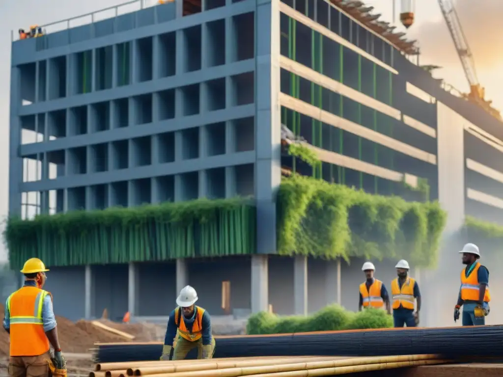 Un equipo diverso construye un edificio ecoamigable al atardecer, con materiales sostenibles y huella de carbono reducida