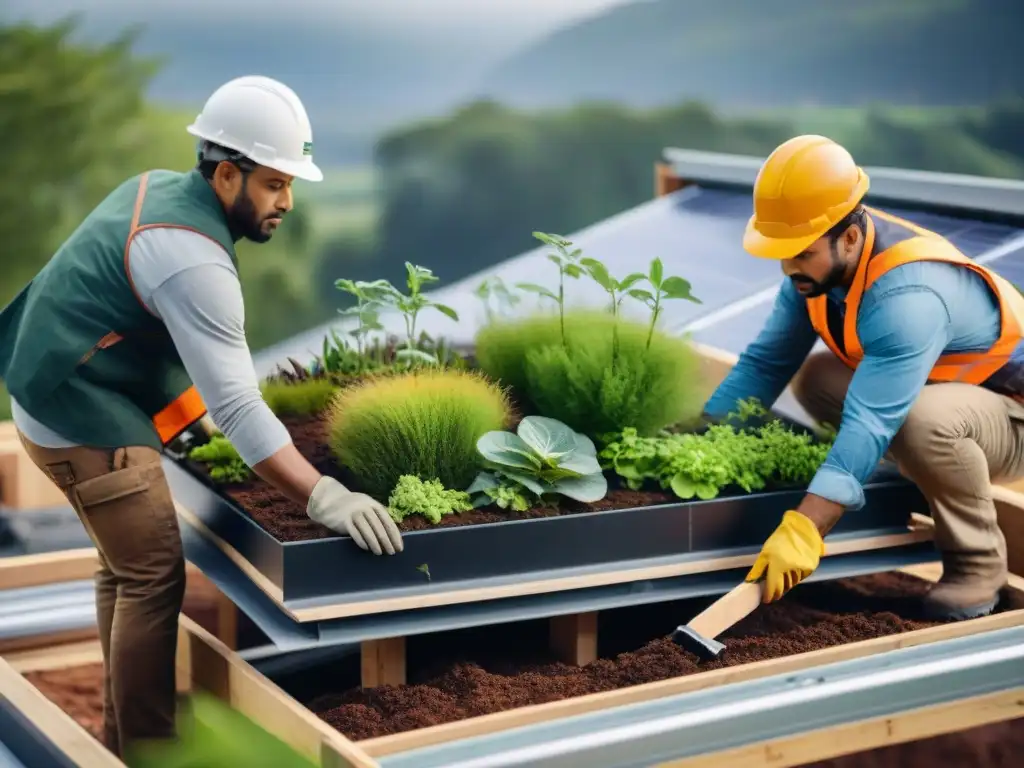 Equipo diverso construyendo edificio ecológico con materiales de alta calidad