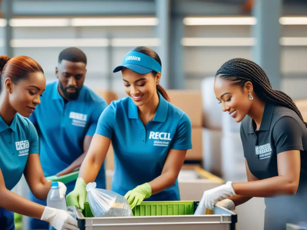 Un equipo diverso de empleados en RecycleCorp transformando residuos en recursos juntos en una instalación ecológica y moderna