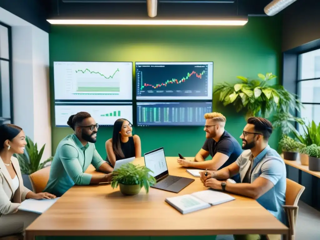 Expertos en marketing digital crean estrategias SEO sostenibles en oficina ecoamigable Un equipo diverso de expertos en marketing digital colaborando en estrategias de SEO para productos sostenibles en una oficina ecoamigable