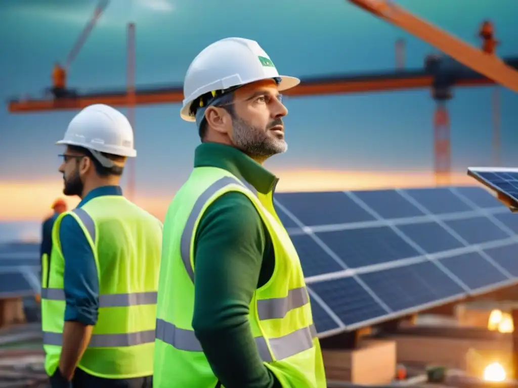 Equipo diverso de ingenieros y arquitectos discutiendo planes en un sitio de construcción sostenible al atardecer