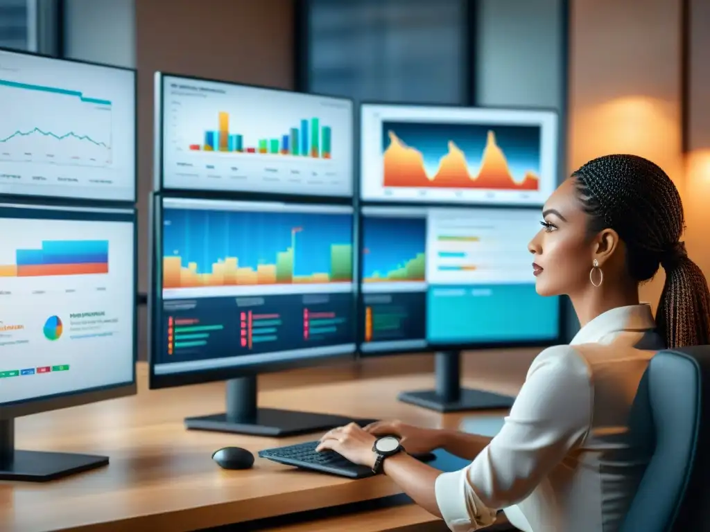 Equipo diverso analizando datos SEO para productos sostenibles Un equipo diverso de marketing digital analiza datos de SEO para productos sostenibles en pantallas de computadora en una oficina moderna