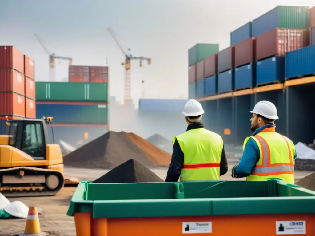 Un equipo diverso en una obra, separando materiales para reciclar