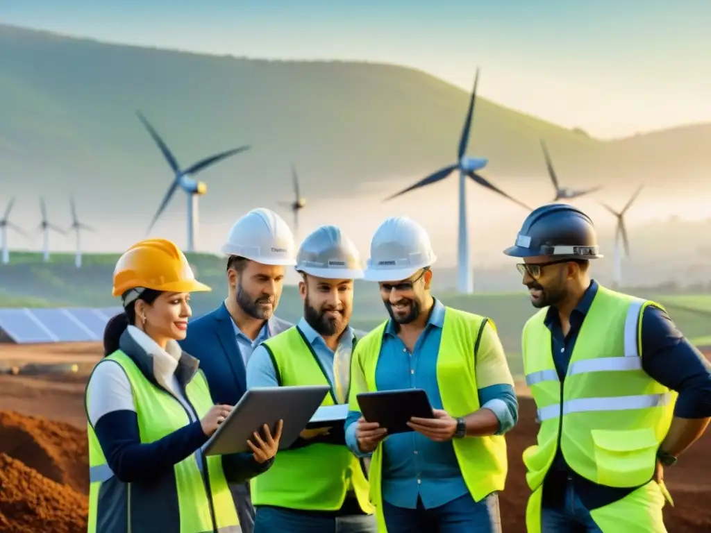 Equipo diverso en obra sostenible al atardecer resolviendo disputas con armonía y energía renovable