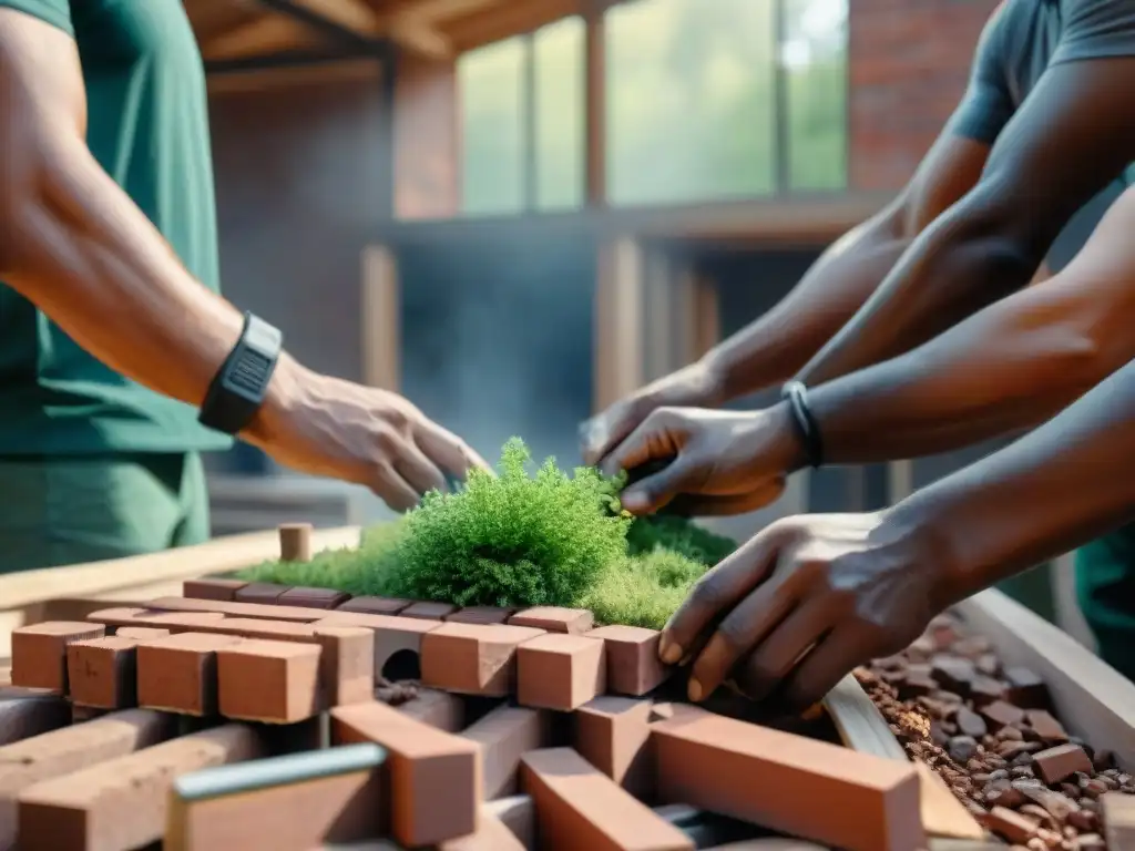 Un equipo diverso de obreros de la construcción incorpora materiales reciclados en un proyecto ecoamigable