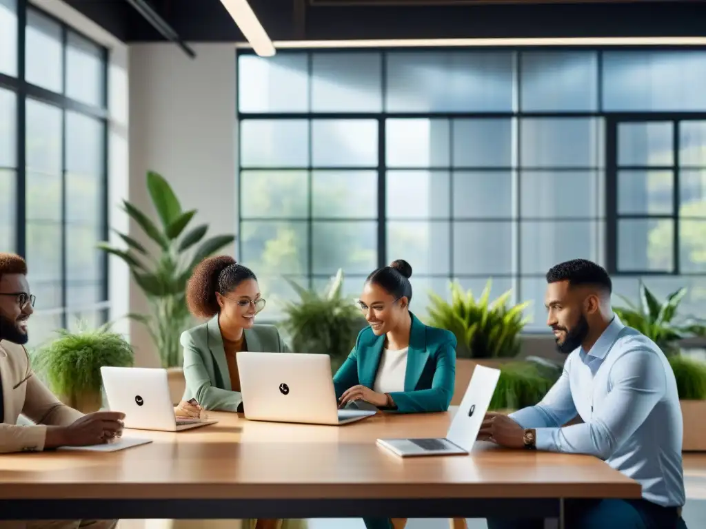 Equipo diverso colaborando en oficina ecofriendly Un equipo diverso colabora en una oficina ecofriendly, con productos sostenibles