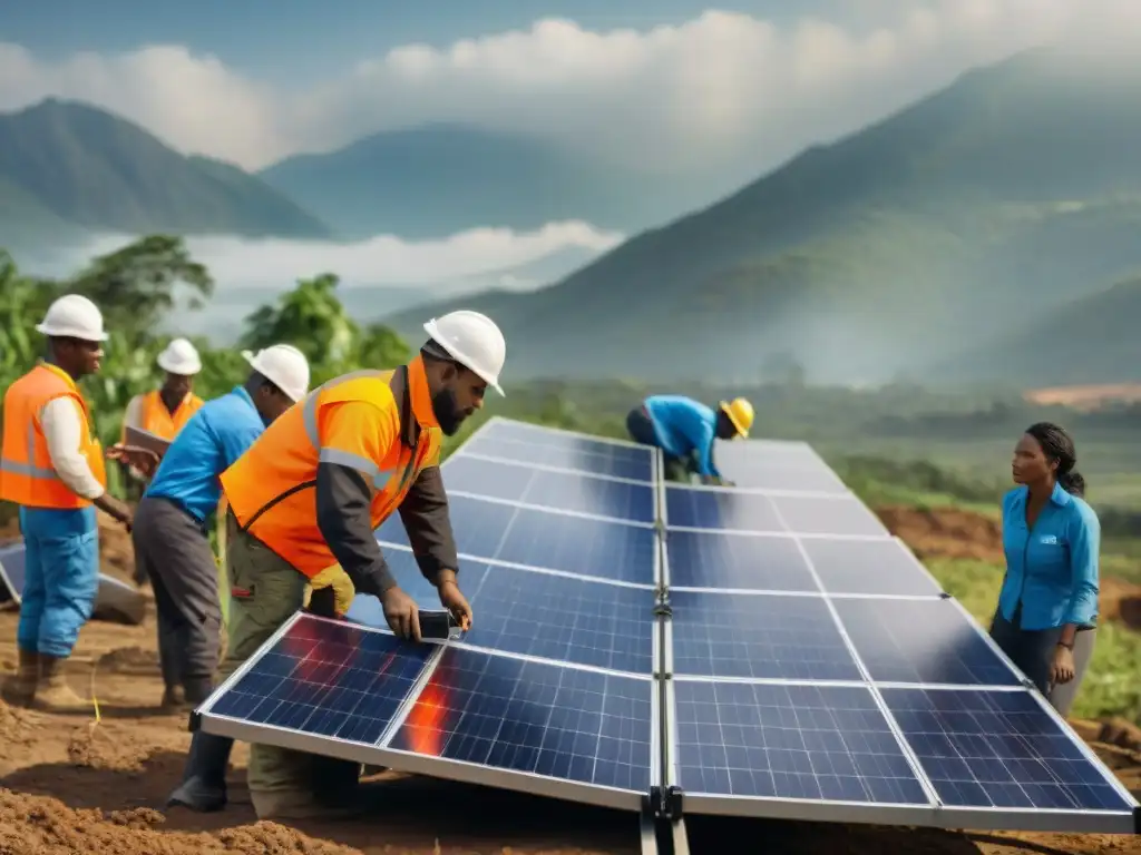 Equipo diverso instalando paneles solares en zona desastre: esperanza y colaboración