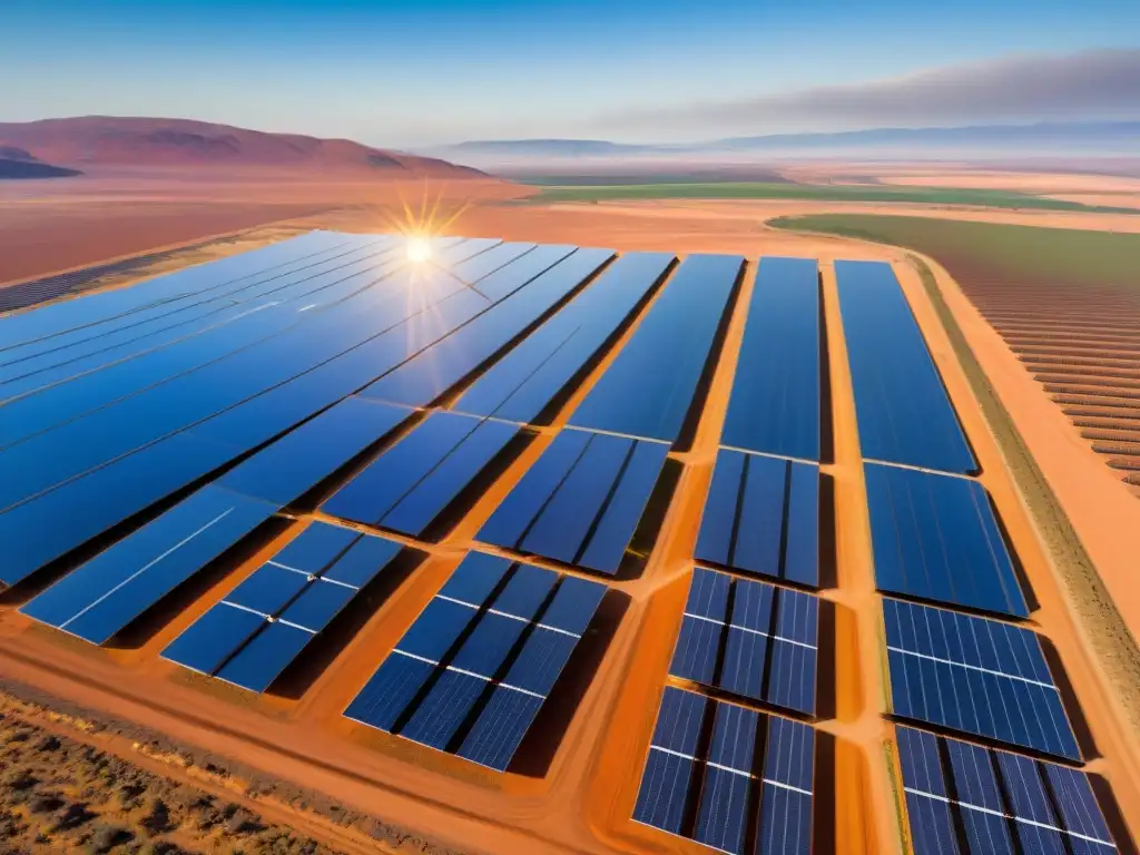 Un equipo diverso instala paneles solares en un desierto, demostrando impacto positivo energía limpia