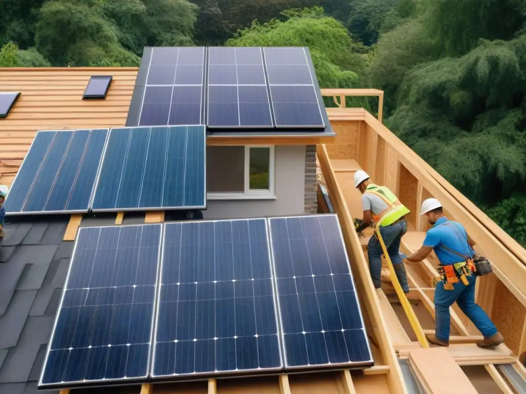Renovación ecoamigable: instalación de paneles solares y materiales sostenibles Un equipo diverso instala paneles solares y ventanas eficientes en una renovación ecológica