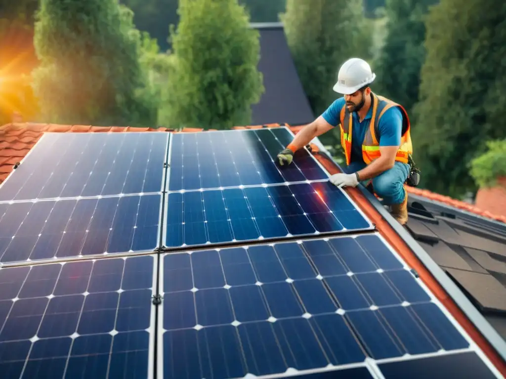 Equipo diverso instala paneles solares en casa suburbana, destacando la energía renovable