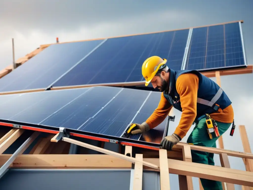 Equipo diverso instalando paneles solares en construcción pasiva cero emisiones sostenibilidad