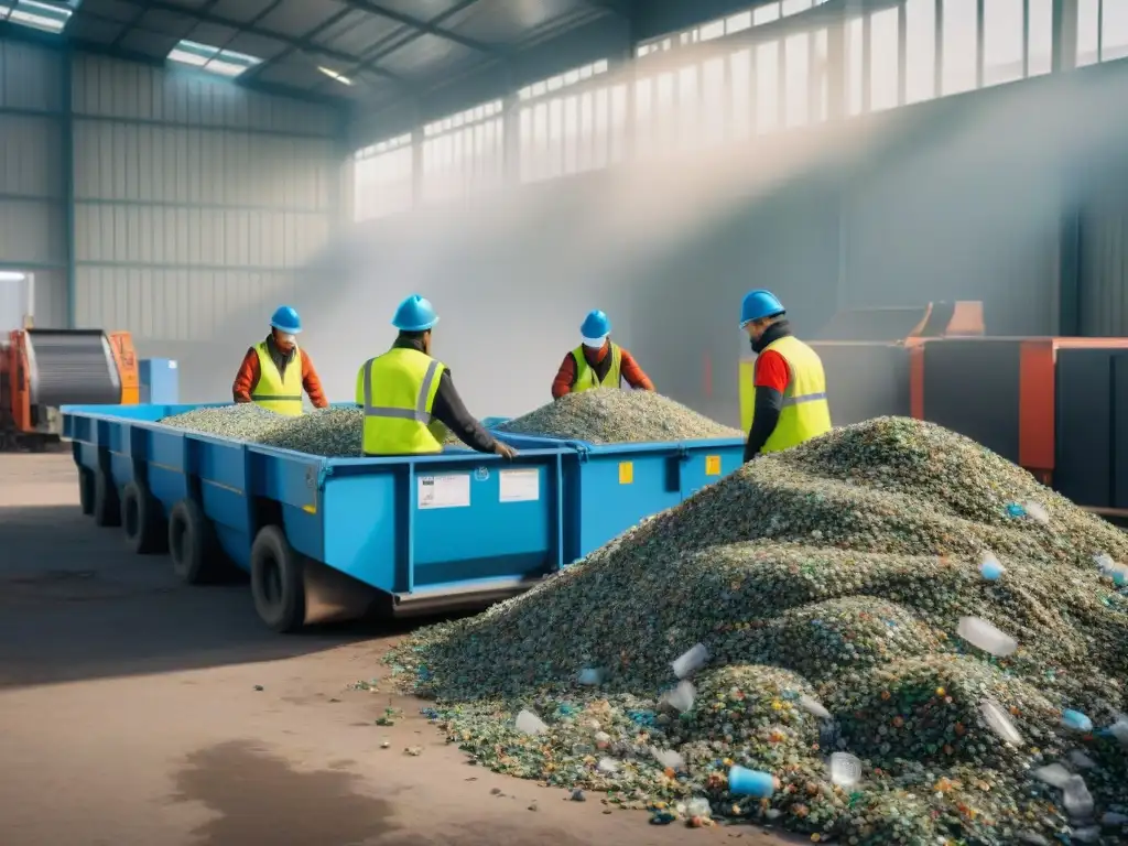 Un equipo diverso en una planta de reciclaje, trabajando juntos con eficiencia para la transformación de residuos en recursos