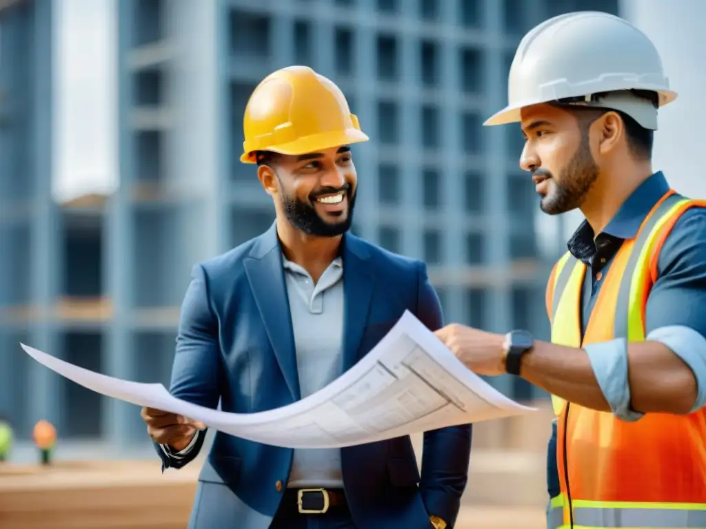 Un equipo diverso de profesionales de la construcción en un sitio de construcción, resolviendo disputas y promoviendo la construcción sostenible