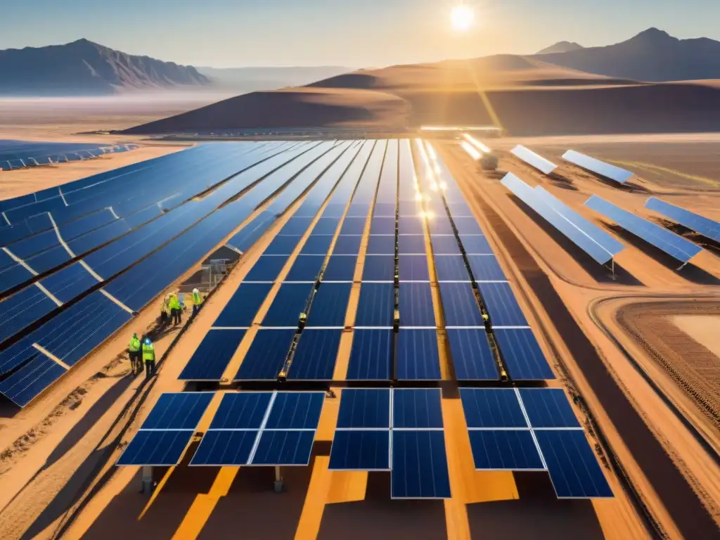 Un equipo diverso colabora en un proyecto de energía renovable en un desierto soleado