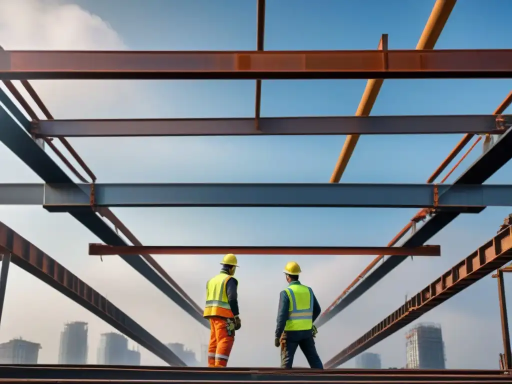 Construcción sostenible: Reciclaje de acero en moderno rascacielos Equipo diverso construyendo rascacielos con acero reciclado para estructuras sostenibles