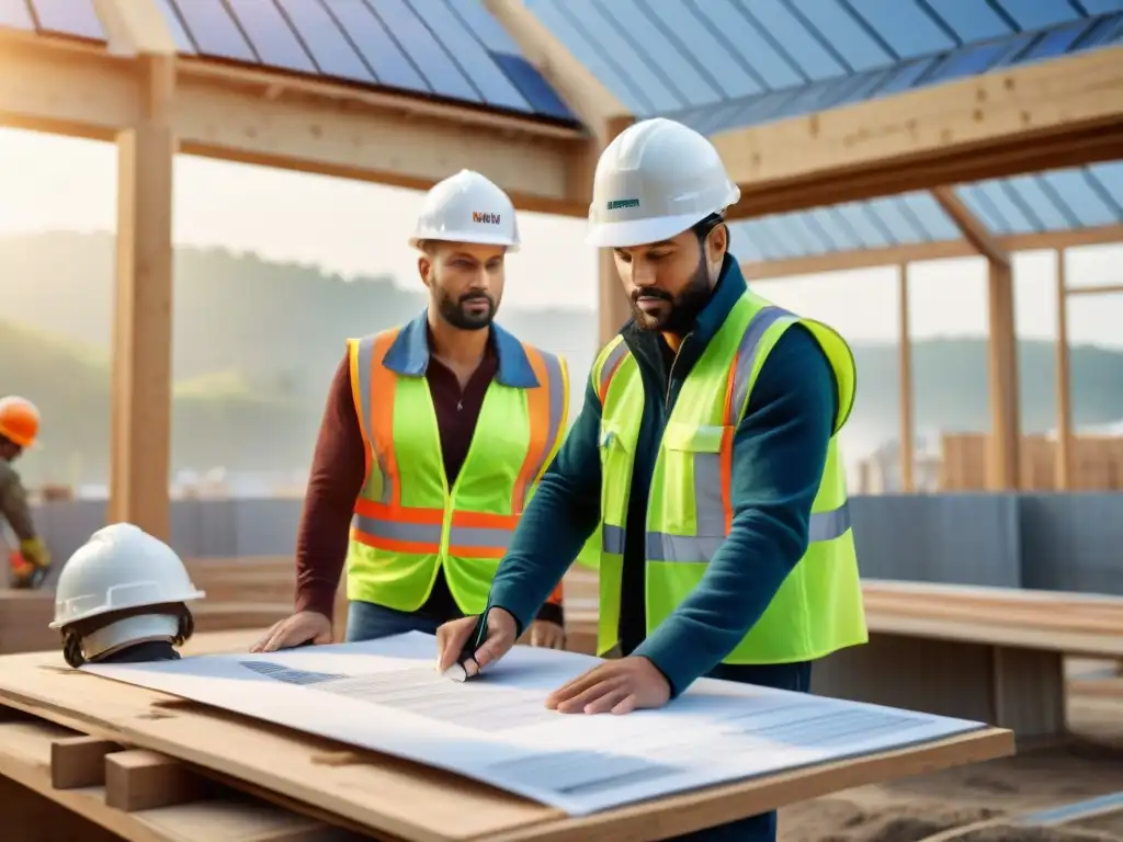 Un equipo diverso trabaja en un sitio de construcción ecoamigable con certificaciones ambientales