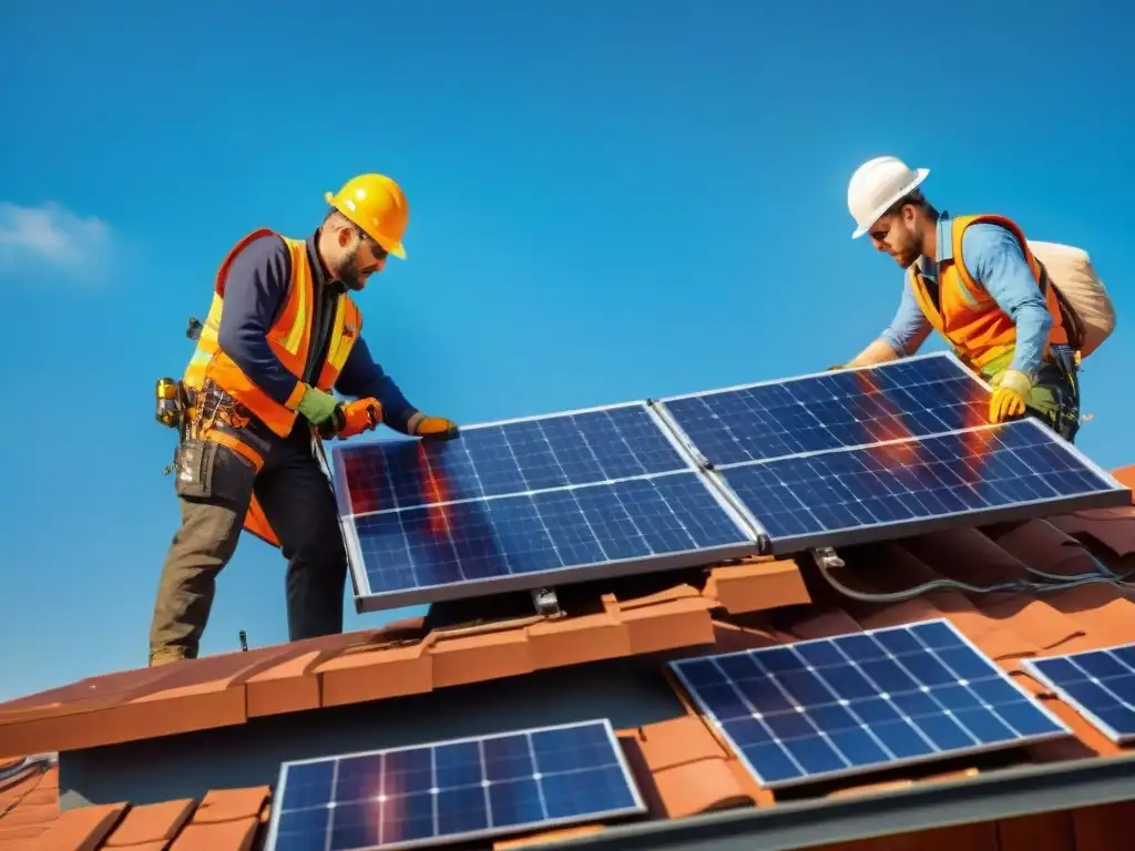 Un equipo diverso de técnicos de paneles solares respetuosos instalando paneles en un tejado residencial bajo el sol brillante