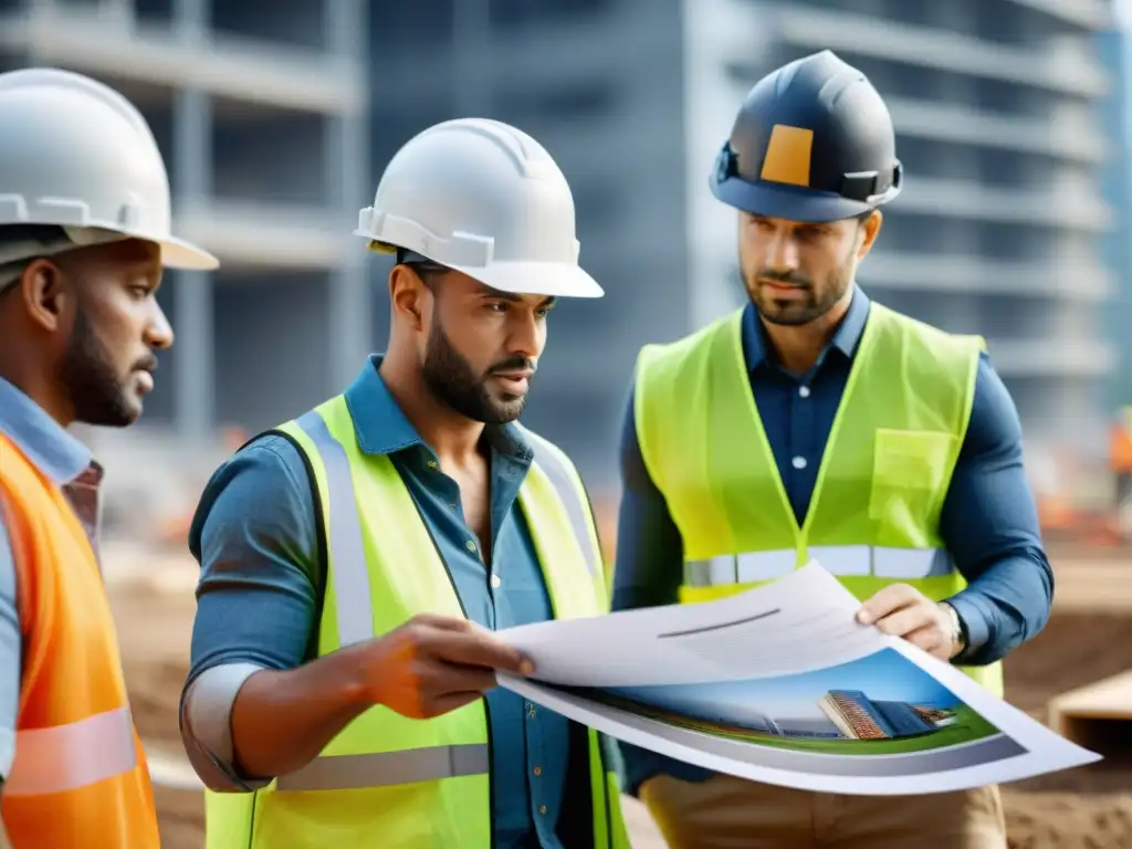 Un equipo diverso de trabajadores construye un edificio ecológico, destacando el marketing ecológico para construcción sostenible