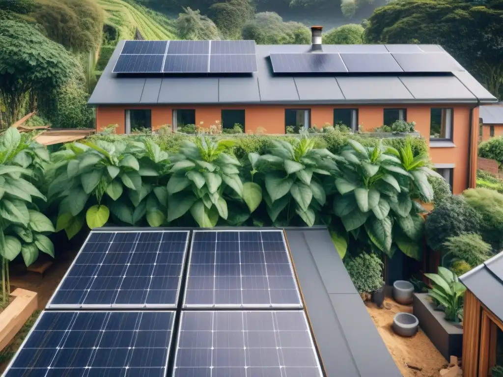 Equipo diverso transformando vivienda con paneles solares y vegetación, reflejando progreso y compromiso con la sostenibilidad