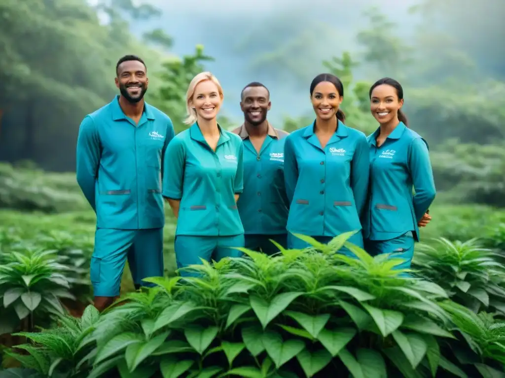 Equipo de empleados sonrientes de empresa sostenible plantando árboles juntos en bosque verde