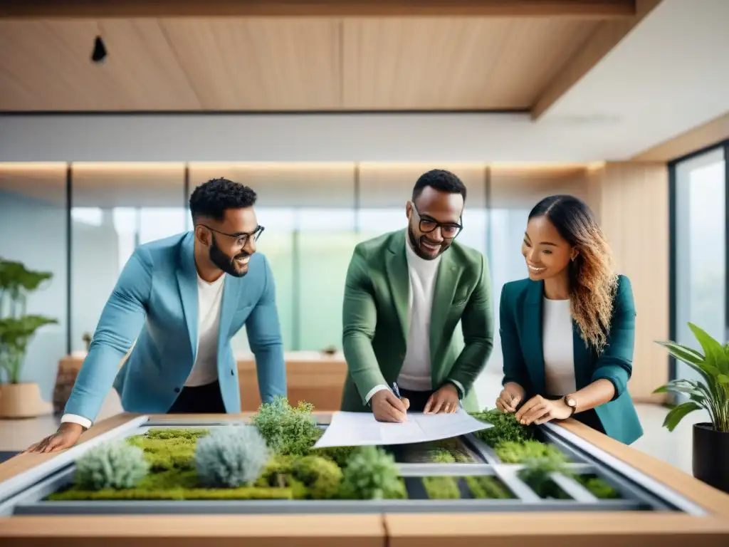 Un equipo global de arquitectos y ingenieros colaborando en un proyecto de arquitectura sostenible en una oficina ecoamigable