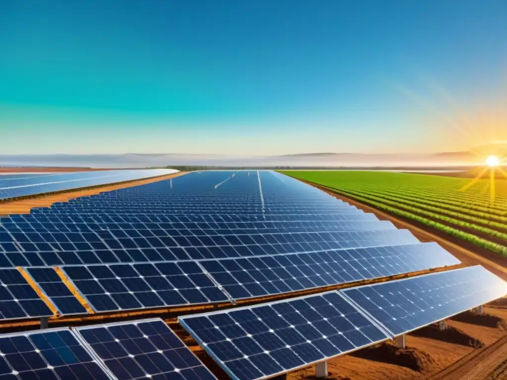 Equipo de ingenieros inspeccionando paneles solares al amanecer