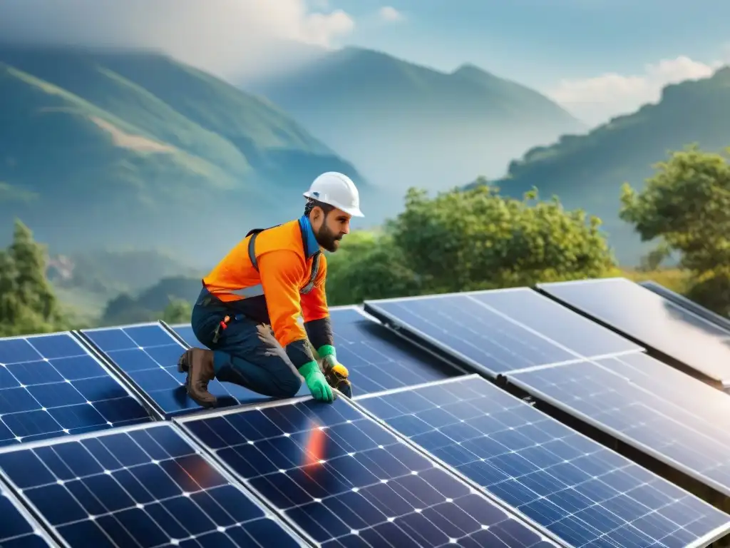 Equipo de instaladores de paneles solares respetuosos trabajando juntos en un tejado residencial bajo un cielo azul y árboles verdes